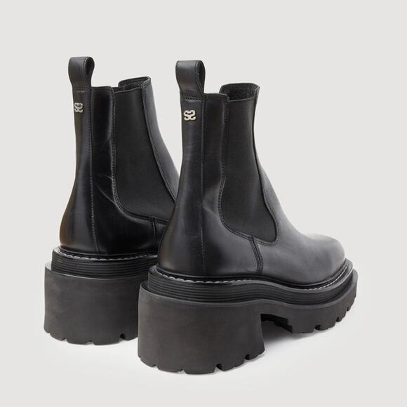 NEW Sandro Chelsea Ankle Boots EU 37 Black Leather Chunky Lug Sole Square Toe - Picture 3 of 16